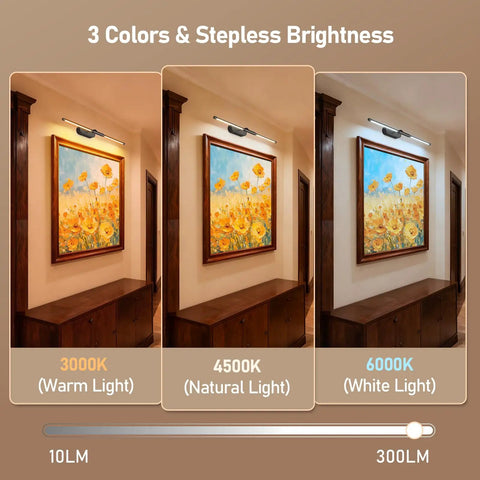 Three tone settings of the Twenty Four Inch Wireless Picture Light For Wall Rechargeable Art Lamp illuminating artwork.