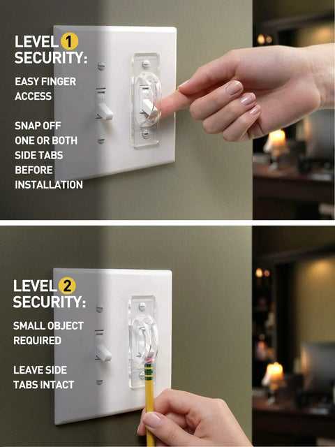 Light Switch Guards 3 Pack Toggle Style Kid Proof Safety Covers shown with two security level options