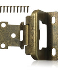Four Pack Half Inch Overlay Cabinet Hinges With Full Hardware Antique Brass Finish showing hinge and screws for kitchen cabinet installation.