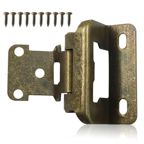 Four Pack Half Inch Overlay Cabinet Hinges With Full Hardware Antique Brass Finish showing hinge and screws for kitchen cabinet installation.