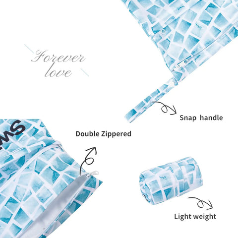 Image of Two Pack Ultra Waterproof Wet Dry Bags with dual zippered pockets, snap handle, and lightweight design in blue pattern.