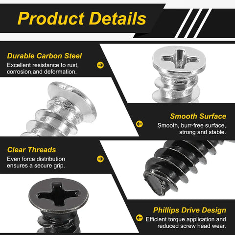 Premium M5 X 12mm Phillips Flat Head Computer Case Fan Screws Kit showing durable carbon steel screws with a smooth surface and clear threads.