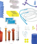 Top Tier Enteral Feeding Simulator Training Kit For Nursing Students With Hella Realistic Clinical Practice Supplies including syringes, tubes, and jelly.