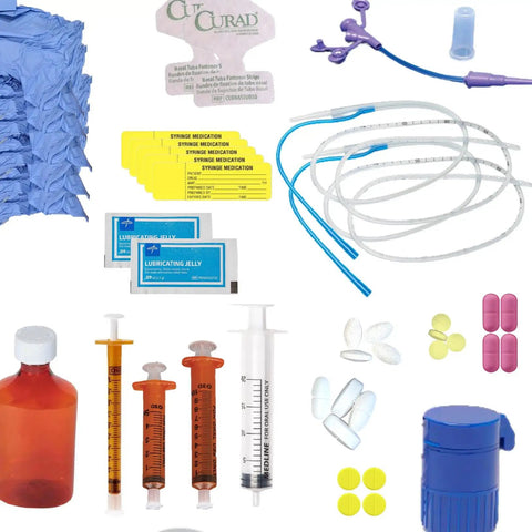 Top Tier Enteral Feeding Simulator Training Kit For Nursing Students With Hella Realistic Clinical Practice Supplies including syringes, tubes, and jelly.