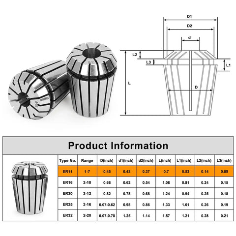 14pc ER20 Spring Collet Set For CNC Milling Lathe And Engraving, One Sixteenth To One Half Inch Sizes, diagram and specs