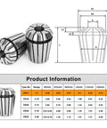 Twelve Piece ER16 Spring Collet Set For CNC Engraving Machines, Pro Grade Milling Drilling Tapping Collets, Includes Twelve Sizes From One Quarter To Eleven Thirty Seconds. ER16 collets with dimensions chart.