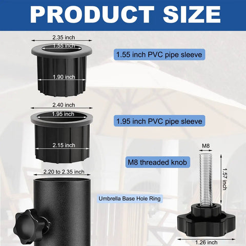 Diagram showing the Six Piece Patio Umbrella Base Hardware Kit Black Ring Plugs Hole Covers And Pole Fasteners For Heavy Duty Old Bases Includes M8 40mm Knobs And 1.95 Inch And 1.55 Inch Ring Plugs, detailing sizes and components.
