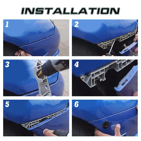 Installation of Universal Car Body Panel Push Button Quick Release Fasteners Kit in Blue on bumper panel.