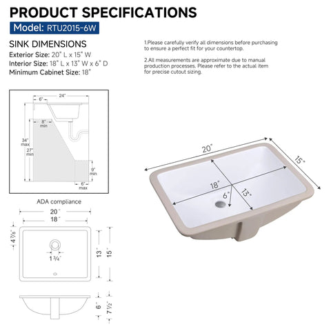 Undermount Rectangular White Ceramic Bathroom Sink For Small Vanities 20 By 15 Inch Porcelain Under Counter Basin With Overflow Seamless Install No Faucet Holes Great Pick For Compact Bathrooms