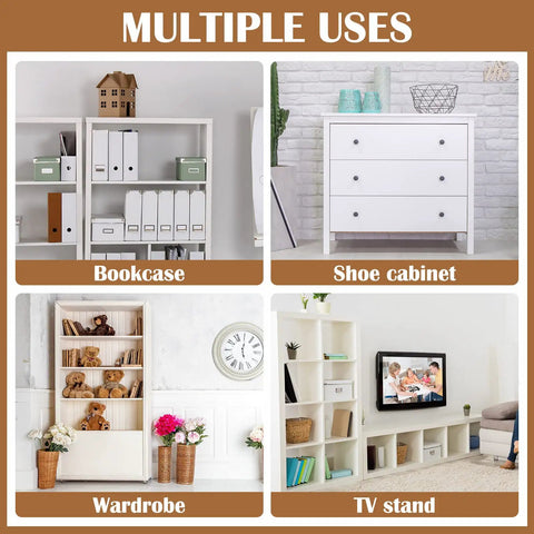 Heavy Duty Anti Tip Furniture Straps 6 Pack Rock Solid Wall Anchor Brackets for Dressers TV Shelves Pet Proofing shown on various furniture.