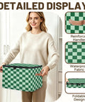 Keeping Your Setup Clean With This Dope Green Checkered Fabric Storage Bin Featuring A Zipper Lid Stackable Foldable Closet Nursery Organizers Large Capacity Toy Trunk Box Bedroom Bathroom Vibe, shown with reinforced handles and waterproof fabric.