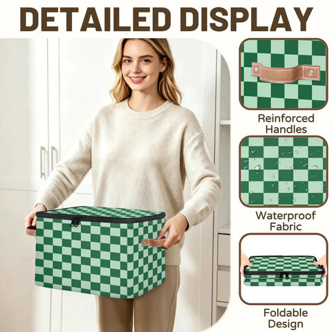 Keeping Your Setup Clean With This Dope Green Checkered Fabric Storage Bin Featuring A Zipper Lid Stackable Foldable Closet Nursery Organizers Large Capacity Toy Trunk Box Bedroom Bathroom Vibe, shown with reinforced handles and waterproof fabric.