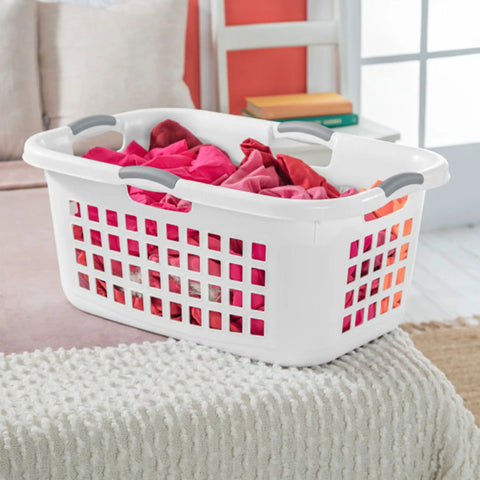 Ultra 2 Bushel Plastic Laundry Hamper Baskets, 6 Pack in White, filled with colorful clothes on carpet in cozy bedroom