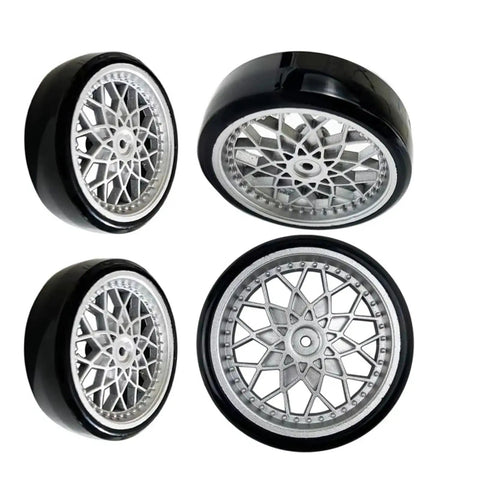 WPL D12 D42 Compatible Rubber Drifting Tires And Slim Wheel Kit with durable silver finish, showing precise fit details.