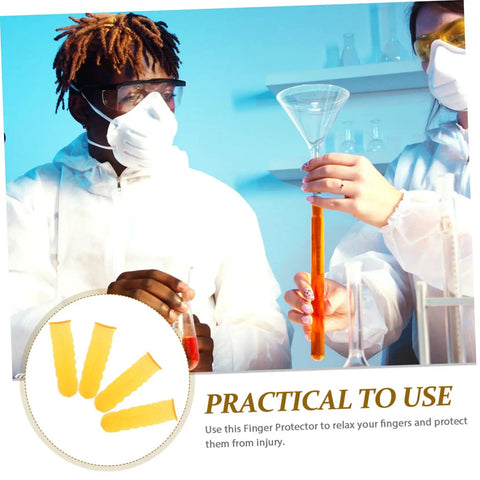 Top Shelf 100 Pack Yellow Latex Finger Sleeves Made To Straight Up Shield Blister Friction And Pain For Heavy Lifting Daily Tasks Smooth Moves And Maximum Grip Keep Digits Locked Safe With Zero Sweat, displayed in a lab setting.