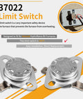 Must-Have RV Furnace Limit Switch Replacement 190 Fahrenheit Safety Overheat Protection For 85-III 85-IV 1522 2334 8516 8520 8525 8531 And Other RV Models Direct Fit For Easy Install And Reliable Performance shown in package with installation diagram.