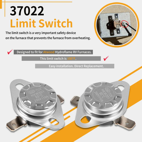 Must-Have RV Furnace Limit Switch Replacement 190 Fahrenheit Safety Overheat Protection For 85-III 85-IV 1522 2334 8516 8520 8525 8531 And Other RV Models Direct Fit For Easy Install And Reliable Performance shown in package with installation diagram.