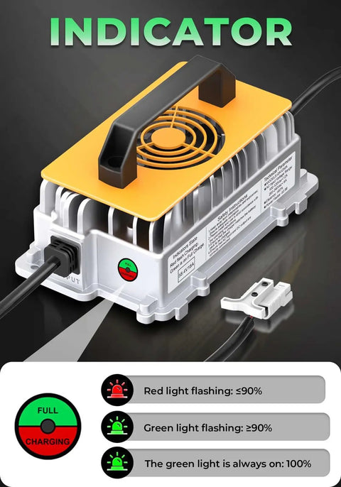 58.4V 18A Smart Battery Charger For 48V LiFePO4 Systems with indicator lights and cable connectors