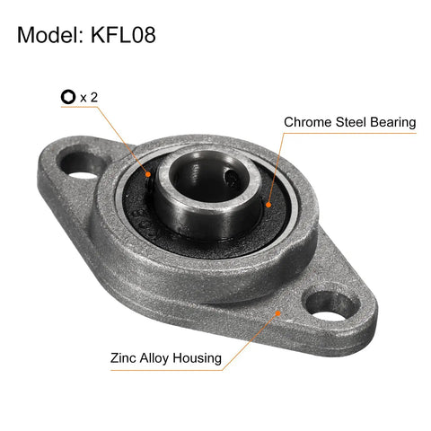 Close-up of Four Pack KFL08 Flanged Pillow Block Bearings with 8mm bore in zinc alloy housing, showing chrome steel bearing.