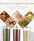 Rock Solid Three Barrel Grain Dispenser For The Kitchen Counter With Smooth Pour Valves And Sturdy Sapelli Wood Base Holds 12 Liters Of Coffee Beans Or Snacks displaying various grains, nuts, and snacks.