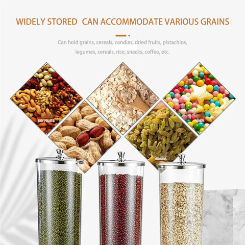 Rock Solid Three Barrel Grain Dispenser For The Kitchen Counter With Smooth Pour Valves And Sturdy Sapelli Wood Base Holds 12 Liters Of Coffee Beans Or Snacks displaying various grains, nuts, and snacks.