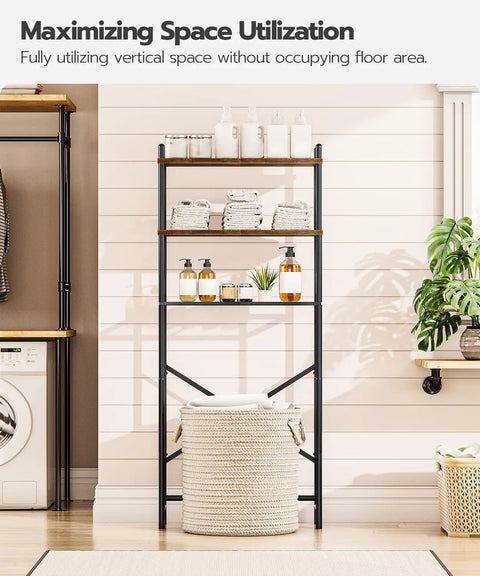 Over The Toilet Storage Organizer 3 Tier Freestanding Bathroom Shelf With Adjustable Feet Space Saving Easy Assembly Rustic Brown And Black Finish Keeps Toiletries Neatly Stored And Accessible In Small Bathrooms against white wall with towels and bottles displayed on shelves.