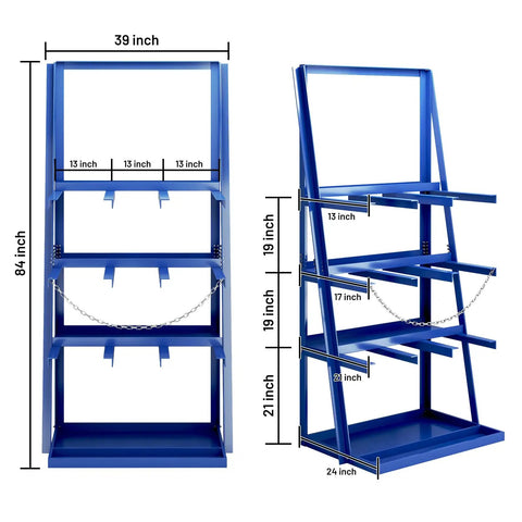 Heavy Duty Vertical Bar Rack For Lumber And Steel Rods Garage Storage Solution With 3000 Lb Weight Limit with measurements shown
