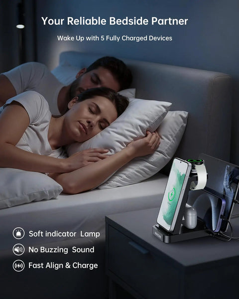 Bedroom nightstand with 5-In-1 Do-It-All Galaxy Wireless Charging Station With Dual USB C And USB A Ports, 15W Fast Charge, Black.