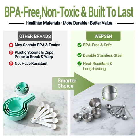 BPA-Free, Non-Toxic Measuring Cups and Spoons, Durable Stainless Steel, Heat-Resistant for baking and cooking.