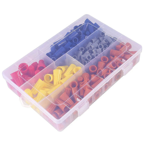 248 Piece Pro Grade Wire Connectors Set With Insulating Twist Caps And Spring For Grab And Go Quick Electrical Connections Color Coded Five Sizes In Grey Blue Orange Yellow Red in open plastic storage case