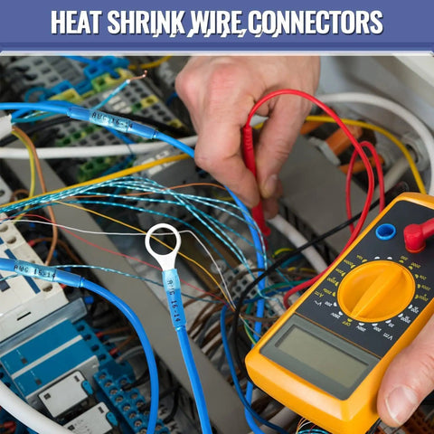 340Pcs Heat Shrink Butt Connectors Kit Marine Grade Electrical Wire Connectors Waterproof Tinned Red Copper Insulated Terminals Butt Splice For Cable Boat Wiring in use with multimeter in electrical setup.