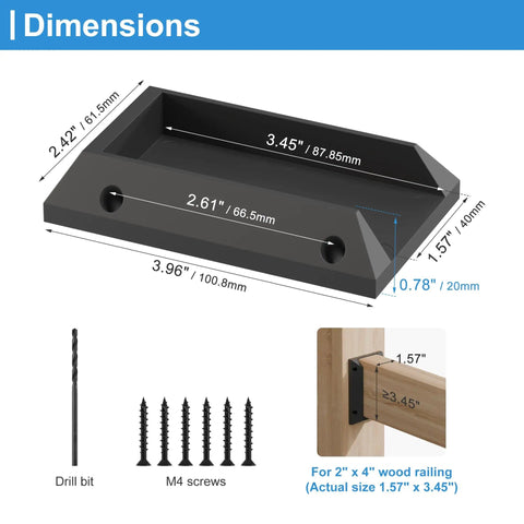 Heavy Duty Deck Railing Bracket Connectors For 2x4 Wood Posts 40 Piece Set With Wood Screws dimensions and installation detail