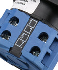 Close-up of 20A Rotary Cam Changeover Switch terminals, three positions, two pole, for motor reversing, AC 660V use.