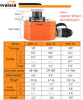 Bonvoisin orange 10T hydraulic cylinder jack with side port; front view shows dimension diagram and BSD-10/20/30 table.