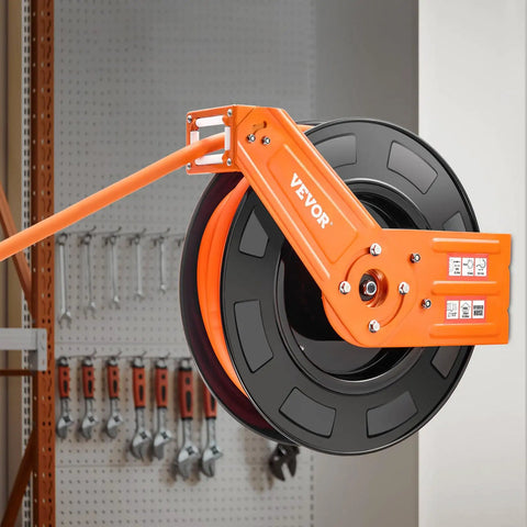 Kickass Retractable Air Hose Reel Auto Rewind 1/2 In X 50 Ft Hybrid Polymer Air Hose Max 300 Psi mounted in garage.