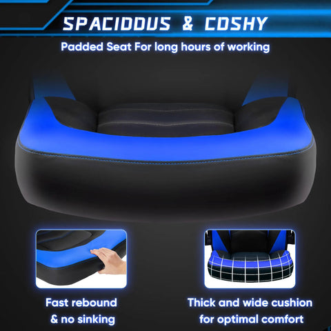 Close-up of padded seat on PU Leather Ergonomic Gaming Chair With Lumbar Support Flip Up Armrests 360 Degree Swivel Wheels.