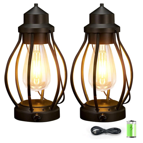 Two Pack Battery Powered LED Lanterns With Dimmerable Warm White Edison Bulbs Vintage Oil Lantern Look Waterproof Hanging Table Lamps