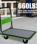 Heavy Duty Flatbed Cart With 660 Lbs Capacity, Platform Hand Truck Foldable Push Cart For Loading And Storage, 360-Degree Rotating Polyurethane Wheels, Alloy Steel Construction, Green, shown folded flat