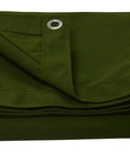 Olive green Heavy Duty Canvas Tarp 8x10 Feet with rustproof aluminum grommets, folded view, water resistant 12oz tarpaulin cover.