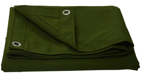 Olive green Heavy Duty Canvas Tarp 8x10 Feet with rustproof aluminum grommets, folded view, water resistant 12oz tarpaulin cover.