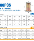 Rivet Nut Tool Kit 400 Pcs With SAE And Metric Rivet Nuts, Carbon Steel Flat Head Nutserts For Metal, size chart displayed.