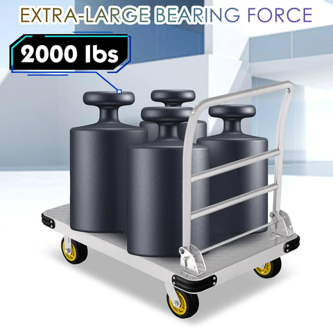 Heavy Duty Platform Cart With 6 Inch Wheels And 2000 Lbs Capacity Steel Large Flatbed Dolly loaded with weights
