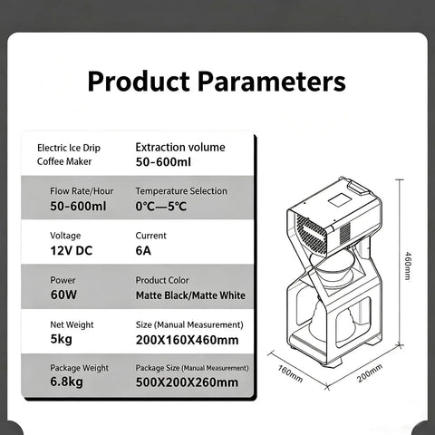 Product parameters for Automatic Cold Brew Coffee Maker With Led Touchscreen Smart Temperature Control Electric Drip Brewer.