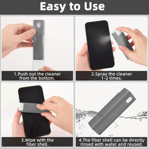 4-step guide using 3 In 1 Screen Mist Cleaner Kit With Built In Spray And Microfiber Cloth on phone to remove dust, smudges, fingerprints.