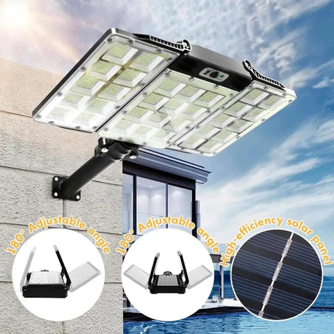 Solar Street Lights Outdoor with double big solar panels, 800 LEDs, adjustable angle mounted on a wall for illumination.