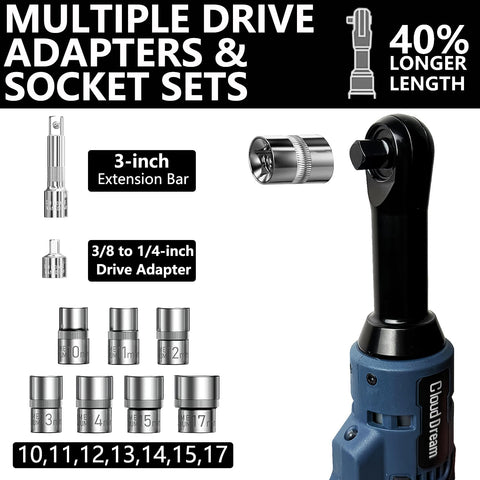 Three Eighths Inch Cordless Electric Ratchet Wrench For Auto Repair With 60 Nm Torque Beefed-Up Extended Kit adapters and sockets