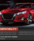 Red Nissan Altima L4 2.5L front view showing compatibility list for Premium 120 Amp Alternator Replacement with A005TE0381ZX Part Number.