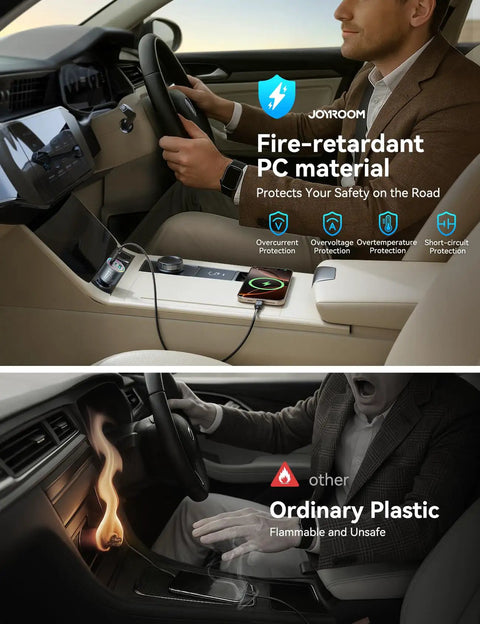 Comparison of GaN 175W 3 Port Car Charger with USB C PD and QC in use versus ordinary plastic charger in car
