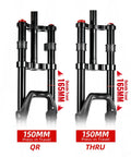 Beefy Dual Crown MTB Air Fork for downhill and trail riding with 150mm travel, 32mm stanchions, and disc brake compatibility