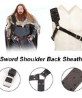 Medieval Sword Holster Back Strap for Shoulder or Crossbody displayed on mannequin with close-up details and warrior attire